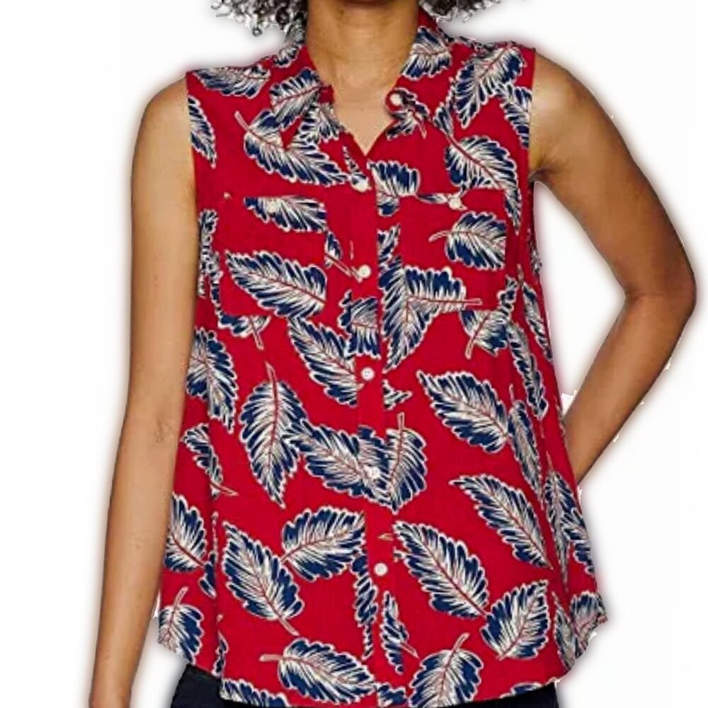 CHAPS Sleeveless Button Front Shirt Red Blue Leaves NEW without tags
